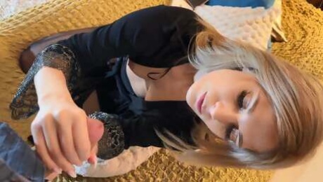 Hot Blonde New Petite Wife gives an Incredibly Sexy and Teasing Handjob in a Nightie with Black Stockings at Home to Take Precum