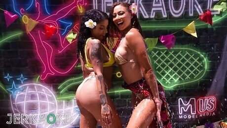 Web series scene with provocative Cassie Del Isla and Nina White from Jerkaoke